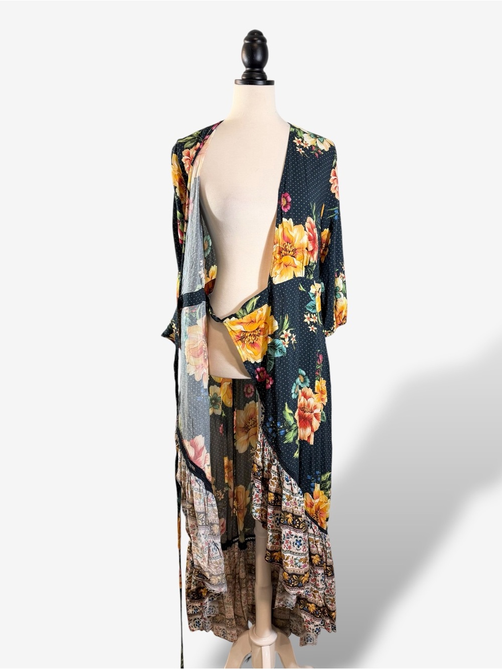 Anthropologie Farm Rio Majorca Wrap Dress Size S Blue Floral Polka Dot Hi Low - Picture 4 of 15